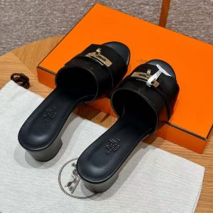 Hermes Gigi 50 Sandal Women High Heel Sandal Calfskin Gold Kelly Buckle Noir H232131Z 02360 - Image 10