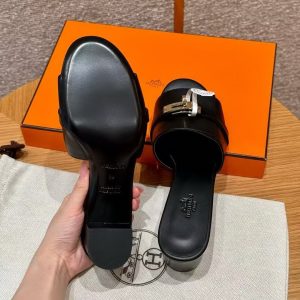 Hermes Gigi 50 Sandal Women High Heel Sandal Calfskin Gold Kelly Buckle Noir H232131Z 02360 - Image 8