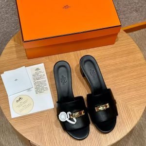Hermes Gigi 50 Sandal Women High Heel Sandal Calfskin Gold Kelly Buckle Noir H232131Z 02360 - Image 4