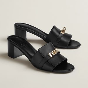Hermes Gigi 50 Sandal Women High Heel Sandal Calfskin Gold Kelly Buckle Noir H232131Z 02360