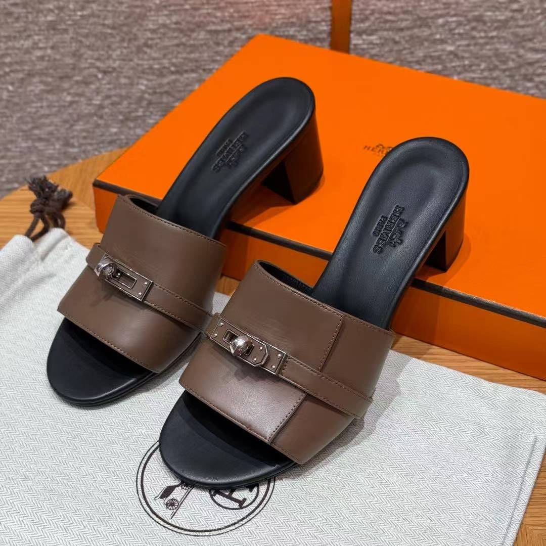 Hermes Gigi 50 Sandal Women High Heel Sandal Calfskin Silver Kelly Buckle Etoupe H251022Z X3345 - Image 2