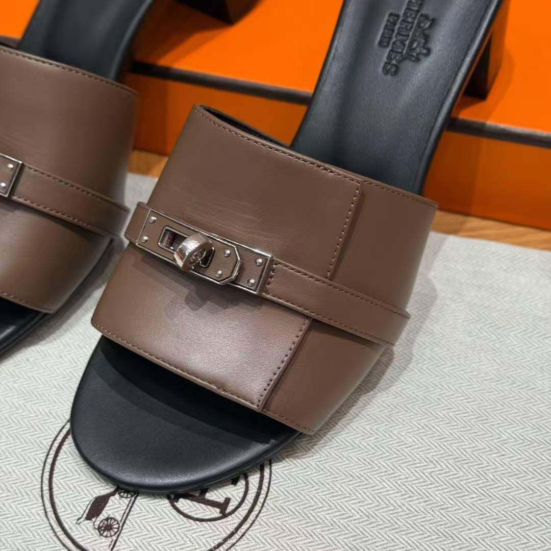 Hermes Gigi 50 Sandal Women High Heel Sandal Calfskin Silver Kelly Buckle Etoupe H251022Z X3345 - Image 13