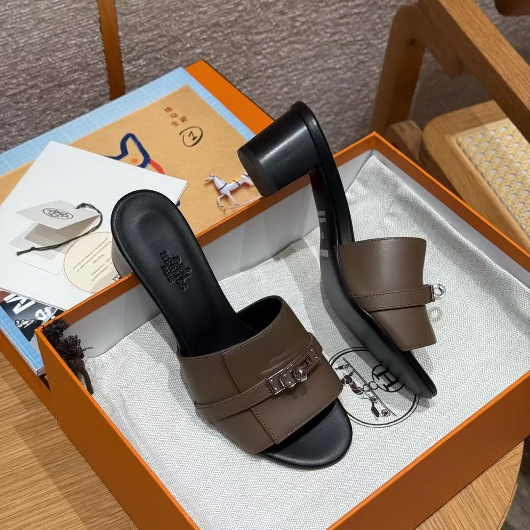 Hermes Gigi 50 Sandal Women High Heel Sandal Calfskin Silver Kelly Buckle Etoupe H251022Z X3345 - Image 7
