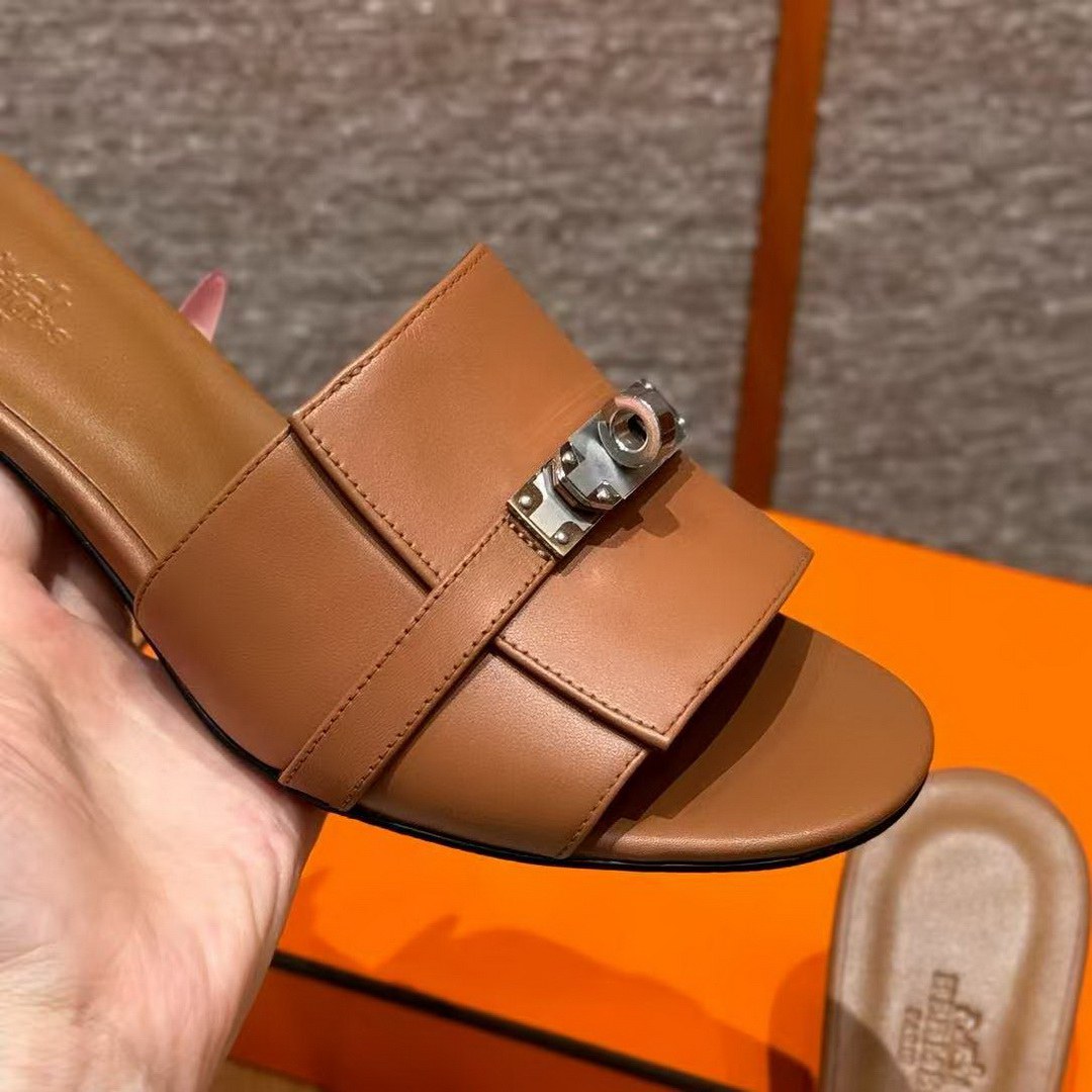 Hermes Gigi 50 Sandal Women High Heel Sandal Calfskin Silver Kelly Buckle Naturel H231063Z A3350 - Image 9