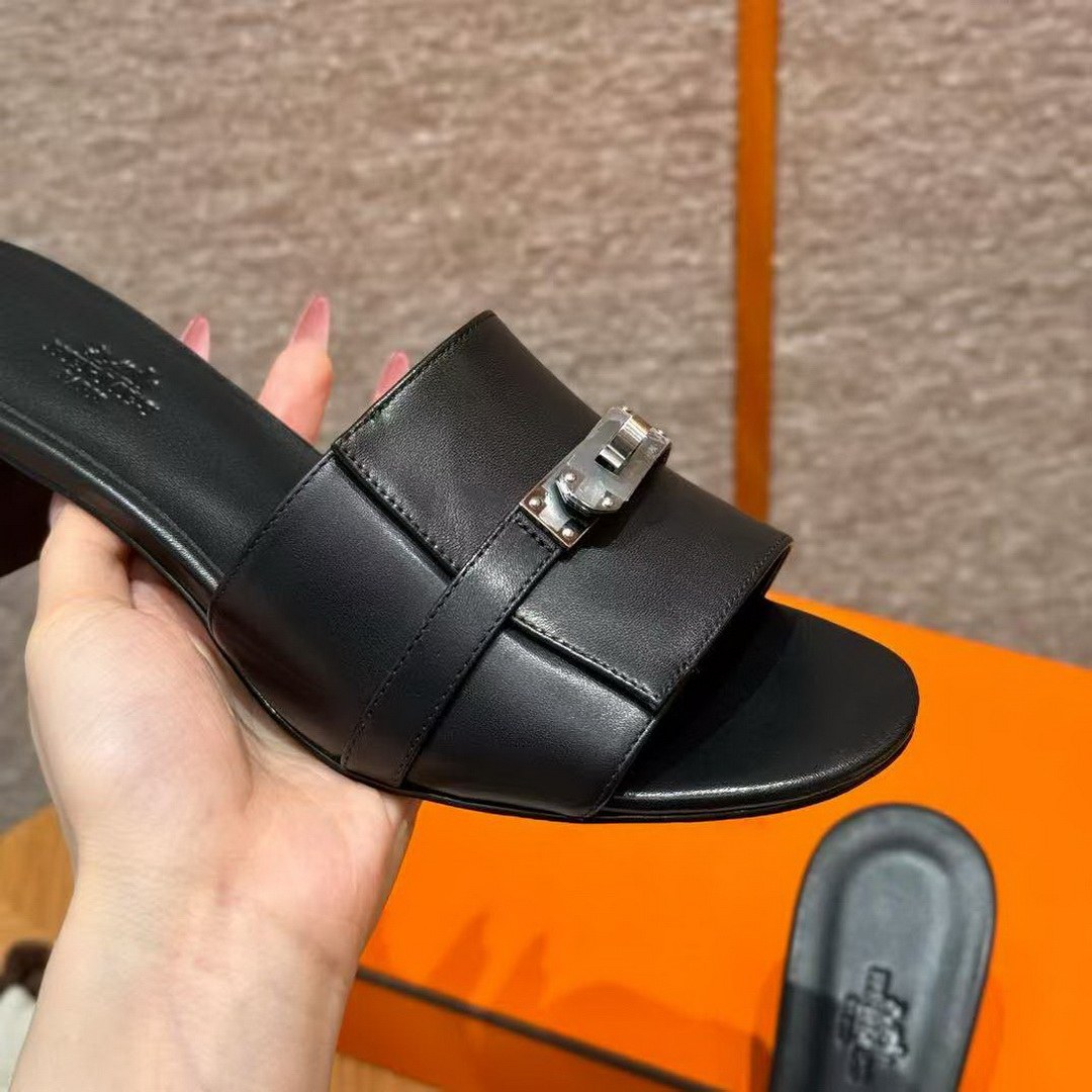 Hermes Gigi 50 Sandal Women High Heel Sandal Calfskin Silver Kelly Buckle Noir H231063Z 02355 - Image 2