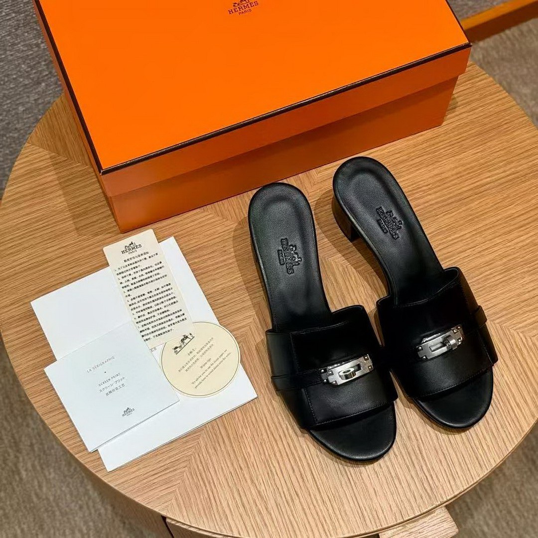 Hermes Gigi 50 Sandal Women High Heel Sandal Calfskin Silver Kelly Buckle Noir H231063Z 02355 - Image 10