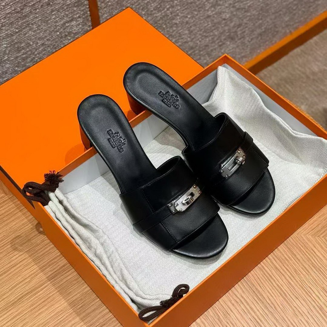 Hermes Gigi 50 Sandal Women High Heel Sandal Calfskin Silver Kelly Buckle Noir H231063Z 02355 - Image 9