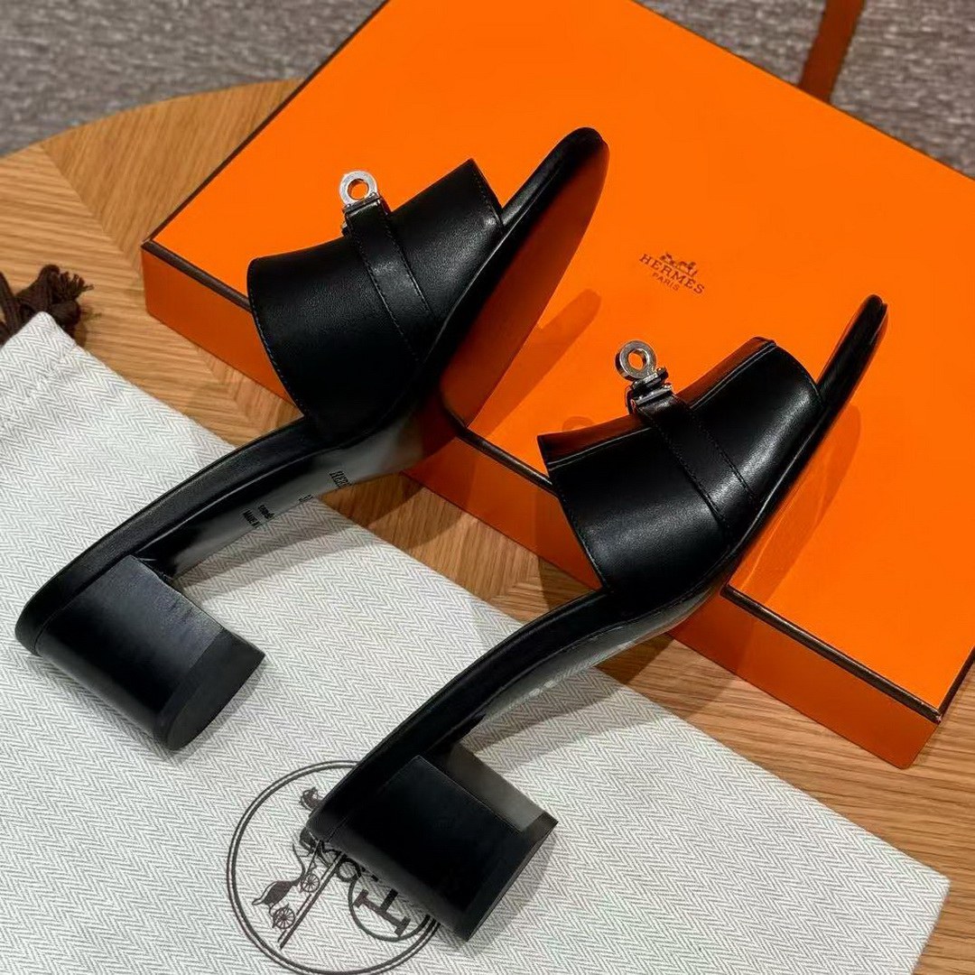 Hermes Gigi 50 Sandal Women High Heel Sandal Calfskin Silver Kelly Buckle Noir H231063Z 02355 - Image 7