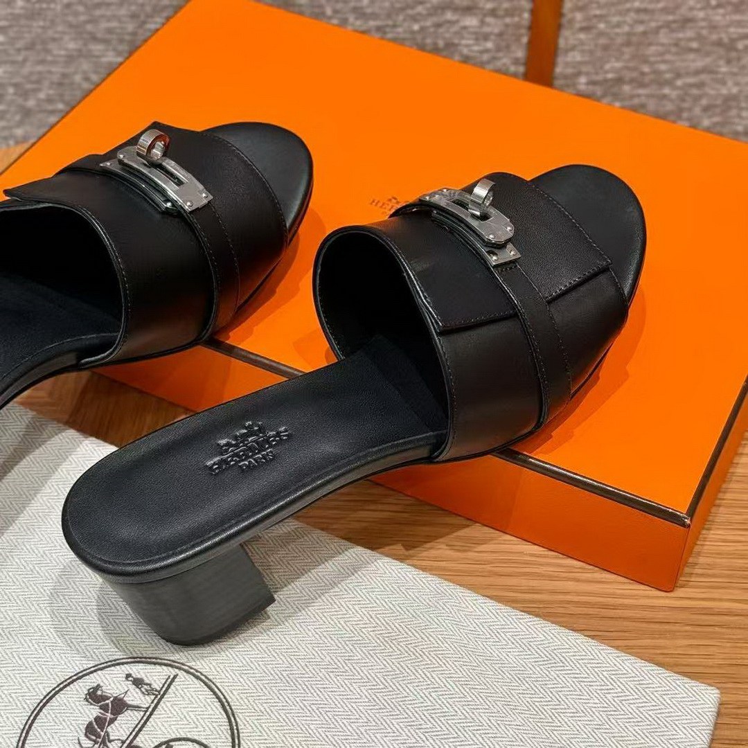 Hermes Gigi 50 Sandal Women High Heel Sandal Calfskin Silver Kelly Buckle Noir H231063Z 02355 - Image 5