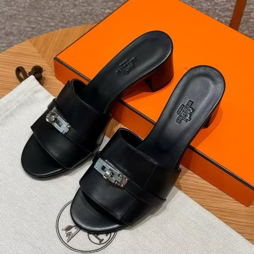 Hermes Gigi 50 Sandal Women High Heel Sandal Calfskin Silver Kelly Buckle Noir H231063Z 02355 - Image 4