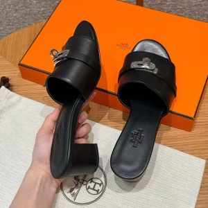 Hermes Gigi 50 Sandal Women High Heel Sandal Calfskin Silver Kelly Buckle Noir H231063Z 02355 - Image 3