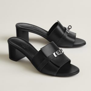 Hermes Gigi 50 Sandal Women High Heel Sandal Calfskin Silver Kelly Buckle Noir H231063Z 02355