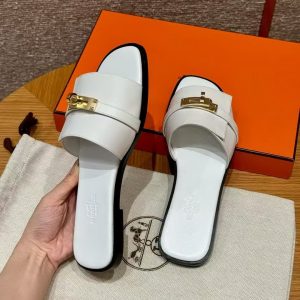 Hermes Giulia Sandal Women Calfskin Gold Kelly Buckle Blanc H232129Z 90350 - Image 14