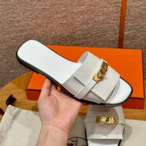 Hermes Giulia Sandal Women Calfskin Gold Kelly Buckle Blanc H232129Z 90350 - Image 9