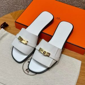 Hermes Giulia Sandal Women Calfskin Gold Kelly Buckle Blanc H232129Z 90350 - Image 7