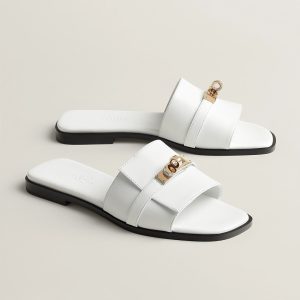 Hermes Giulia Sandal Women Calfskin Gold Kelly Buckle Blanc H232129Z 90350