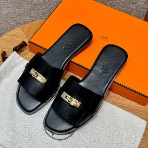Hermes Giulia Sandal Women Calfskin Gold Kelly Buckle Noir H232129Z 02350 - Image 7