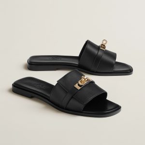 Hermes Giulia Sandal Women Calfskin Gold Kelly Buckle Noir H232129Z 02350