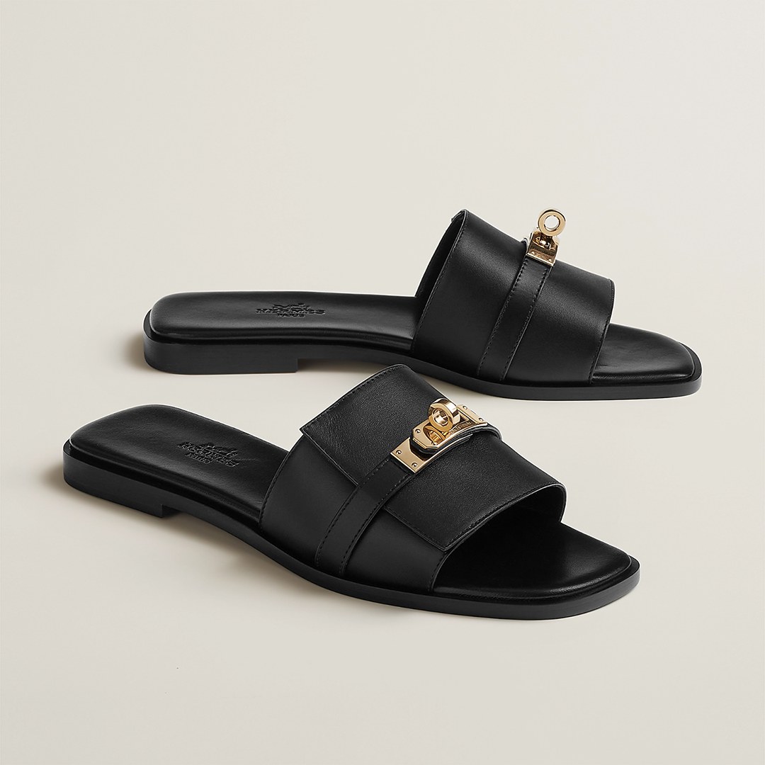 Hermes Giulia Sandal Women Calfskin Gold Kelly Buckle Noir H232129Z 02350