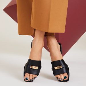 Hermes Giulia Sandal Women Calfskin Gold Kelly Buckle Noir H232129Z 02350 - Image 13