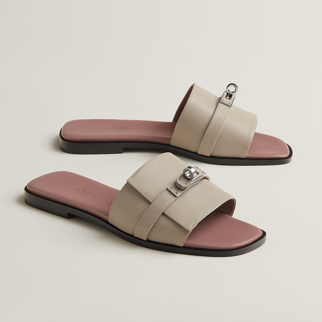 Hermes Giulia Sandal Women Calfskin Silver Kelly Buckle Beige Galet H251028Z BG345