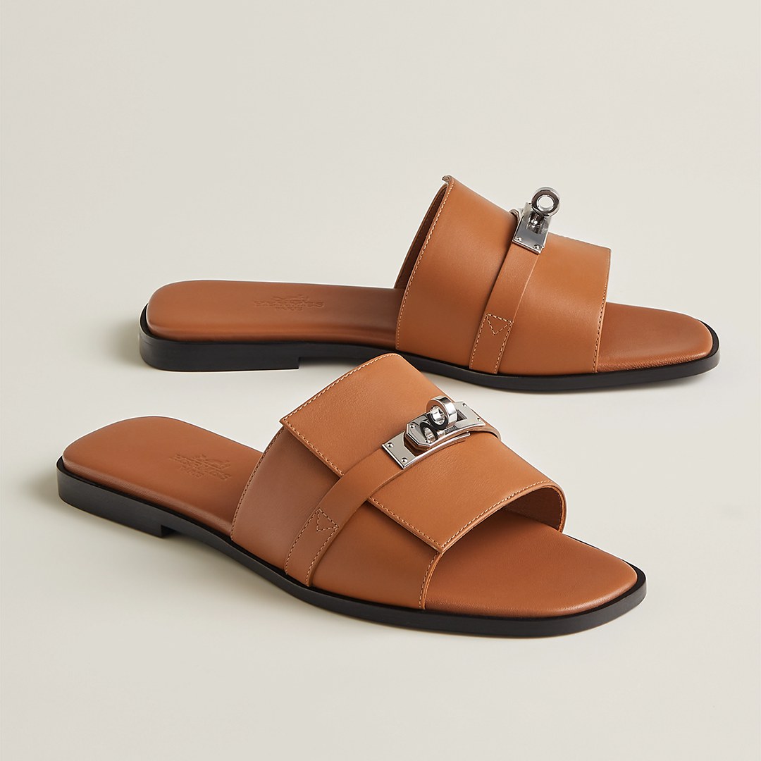 Hermes Giulia Sandal Women Calfskin Silver Kelly Buckle Naturel H231056Z A3340
