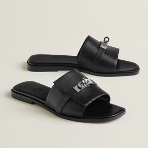 Hermes Giulia Sandal Women Calfskin Silver Kelly Buckle Noir H231056Z 02350