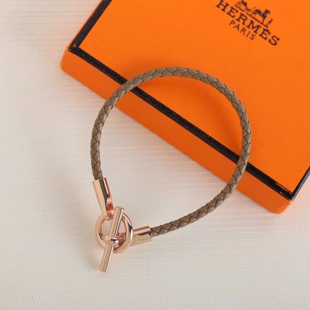 Hermes Glenan Bracelet Rose Gold Swift Calfskin and Metal Étoupe H071681FO18T2 - Image 6