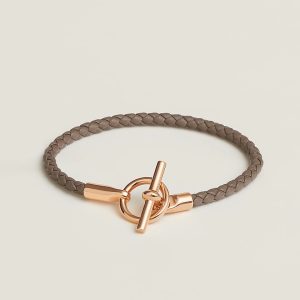 Hermes Glenan Bracelet Rose Gold Swift Calfskin and Metal Étoupe H071681FO18T2