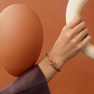 Hermes Glenan Bracelet Rose Gold Swift Calfskin and Metal Étoupe H071681FO18T2 - Image 3