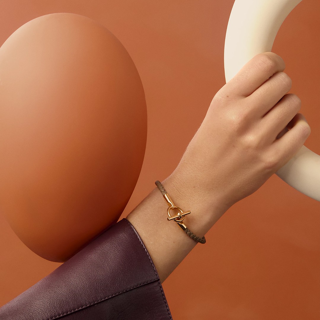 Hermes Glenan Bracelet Rose Gold Swift Calfskin and Metal Étoupe H071681FO18T2 - Image 3