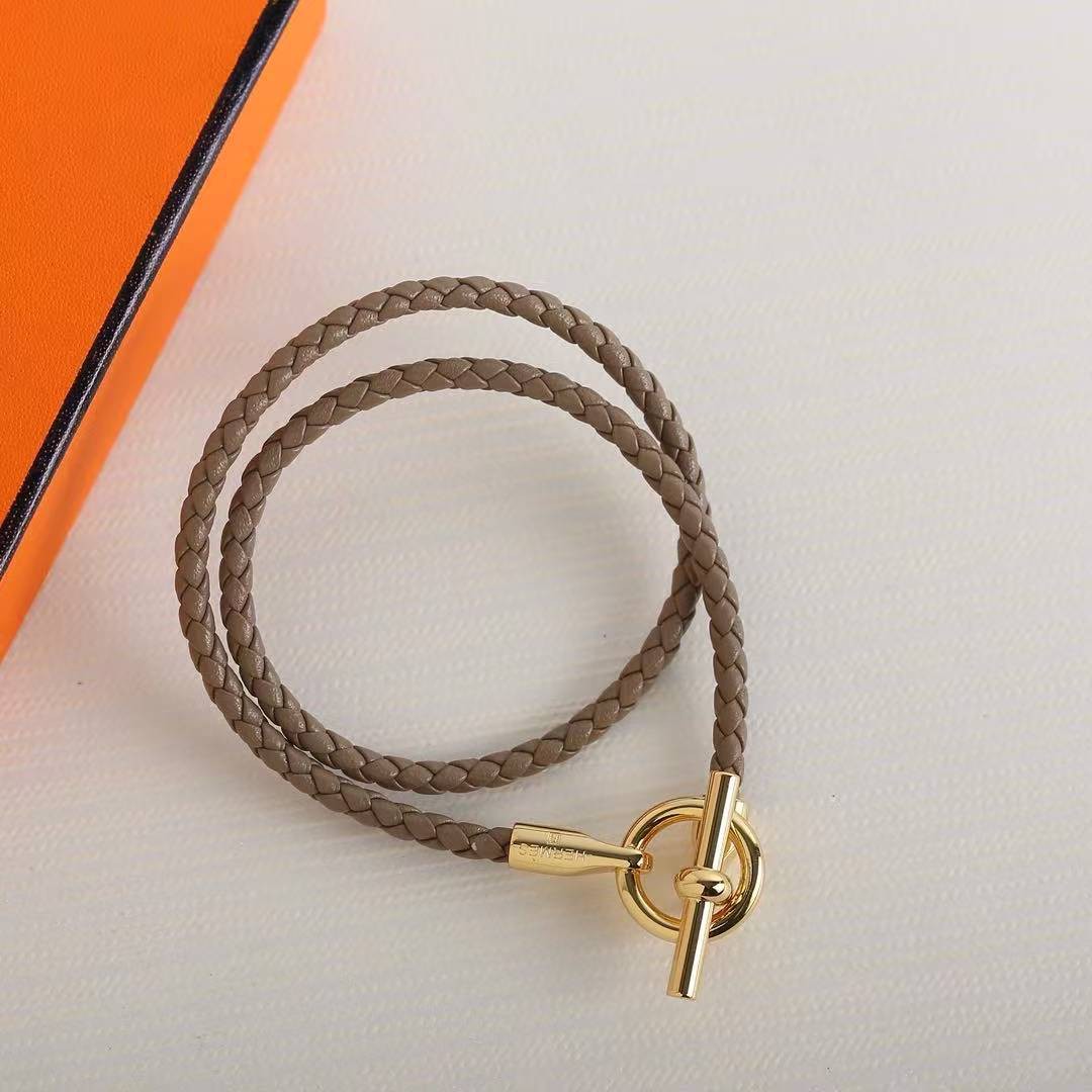 Hermes Glenan Double Tour Bracelet Rose Gold Swift Calfskin and Metal Étoupe H071689FO18T2 - Image 2