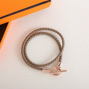 Hermes Glenan Double Tour Bracelet Rose Gold Swift Calfskin and Metal Étoupe H071689FO18T2 - Image 11