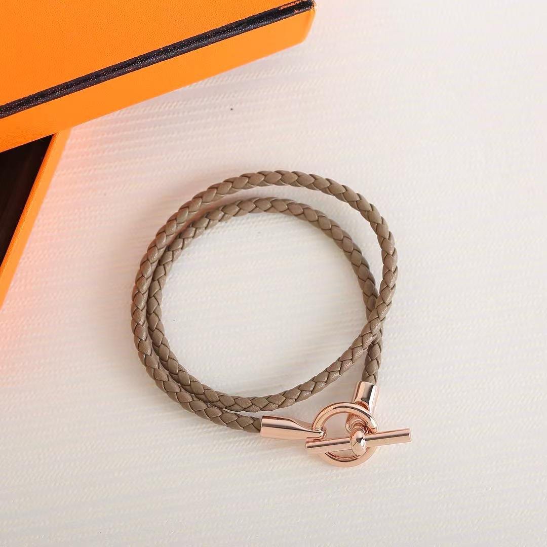 Hermes Glenan Double Tour Bracelet Rose Gold Swift Calfskin and Metal Étoupe H071689FO18T2 - Image 11
