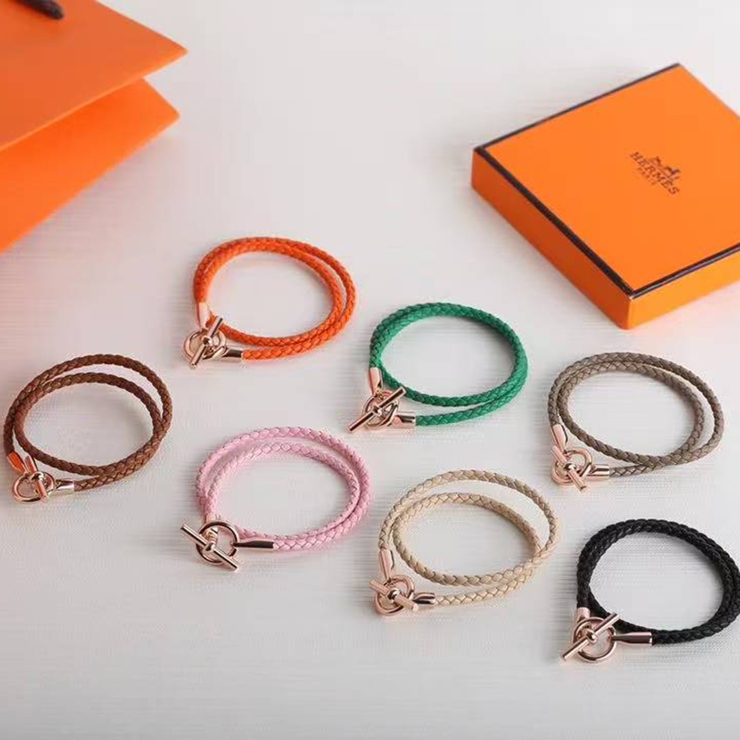 Hermes Glenan Double Tour Bracelet Rose Gold Swift Calfskin and Metal Étoupe H071689FO18T2 - Image 8