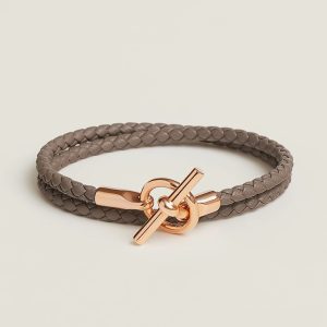 Hermes Glenan Double Tour Bracelet Rose Gold Swift Calfskin and Metal Étoupe H071689FO18T2