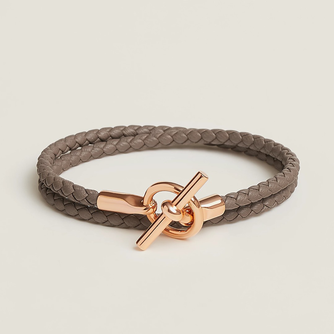Hermes Glenan Double Tour Bracelet Rose Gold Swift Calfskin and Metal Étoupe H071689FO18T2