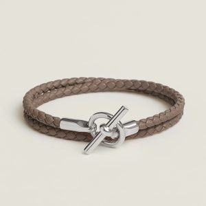 Hermes Glenan Double Tour Bracelet Rose Gold Swift Calfskin and Metal Étoupe H071689FO18T2 - Image 6