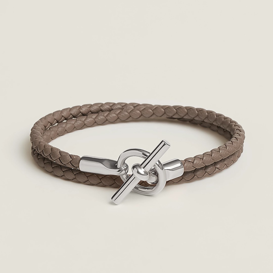 Hermes Glenan Double Tour Bracelet Rose Gold Swift Calfskin and Metal Étoupe H071689FO18T2 - Image 6