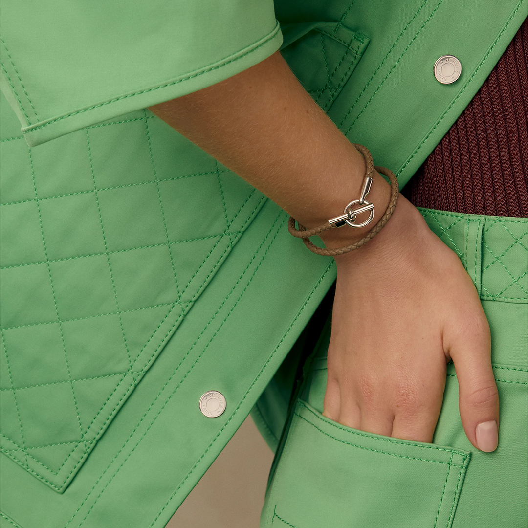 Hermes Glenan Double Tour Bracelet Rose Gold Swift Calfskin and Metal Étoupe H071689FO18T2 - Image 5
