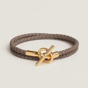 Hermes Glenan Double Tour Bracelet Rose Gold Swift Calfskin and Metal Étoupe H071689FO18T2 - Image 4