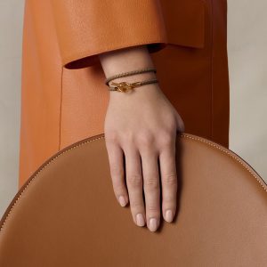 Hermes Glenan Double Tour Bracelet Rose Gold Swift Calfskin and Metal Étoupe H071689FO18T2 - Image 3