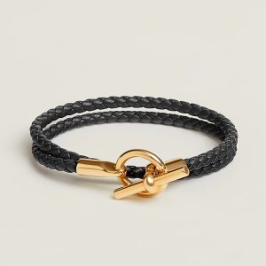 Hermes Glenan Double Tour Bracelet Rose Gold Swift Calfskin and Metal Noir H071689FO89T2 - Image 11
