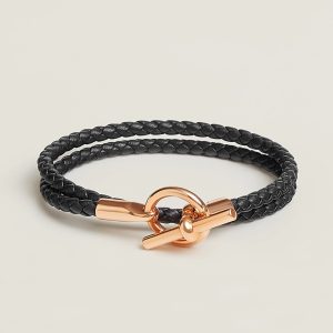Hermes Glenan Double Tour Bracelet Rose Gold Swift Calfskin and Metal Noir H071689FO89T2