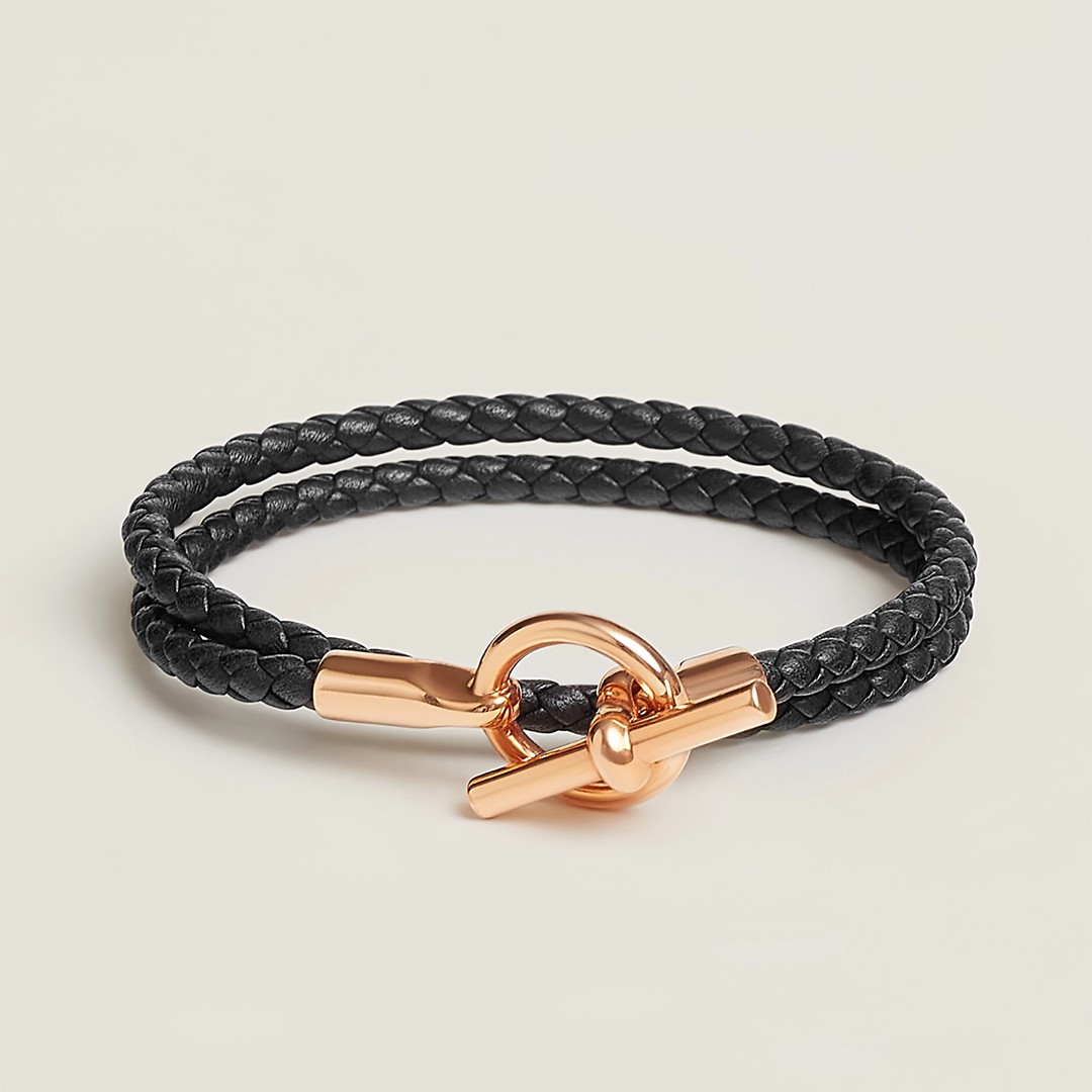 Hermes Glenan Double Tour Bracelet Rose Gold Swift Calfskin and Metal Noir H071689FO89T2