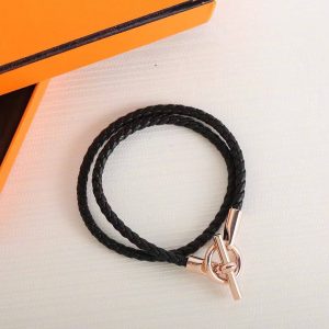 Hermes Glenan Double Tour Bracelet Rose Gold Swift Calfskin and Metal Noir H071689FO89T2 - Image 8