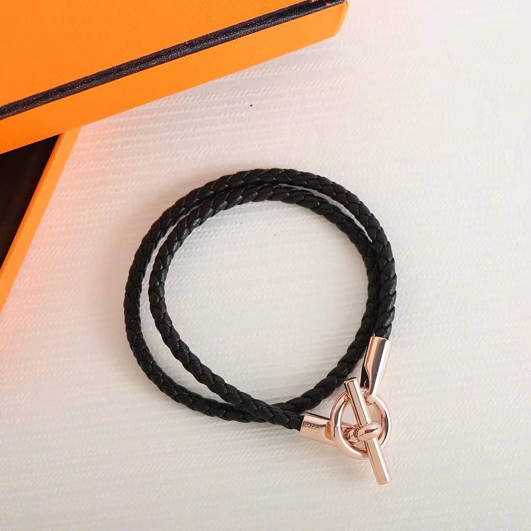 Hermes Glenan Double Tour Bracelet Rose Gold Swift Calfskin and Metal Noir H071689FO89T2 - Image 8