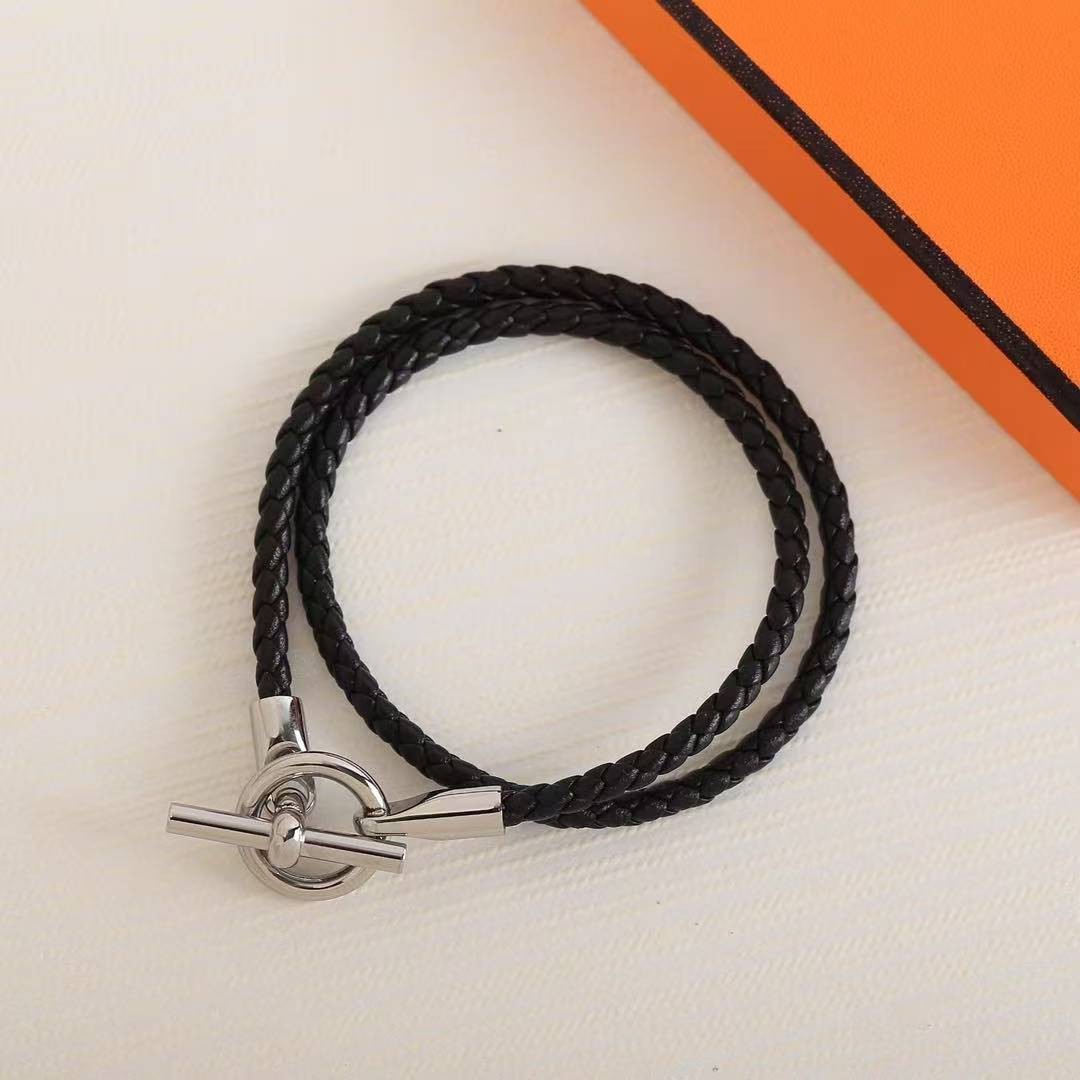 Hermes Glenan Double Tour Bracelet Rose Gold Swift Calfskin and Metal Noir H071689FO89T2 - Image 7
