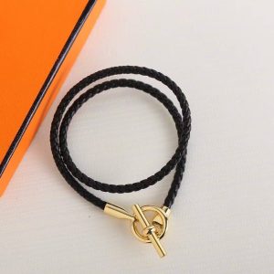 Hermes Glenan Double Tour Bracelet Rose Gold Swift Calfskin and Metal Noir H071689FO89T2 - Image 6