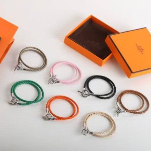 Hermes Glenan Double Tour Bracelet Silver Swift Calfskin and Metal Mauve Sylvestre H071689FPX9T2 - Image 4
